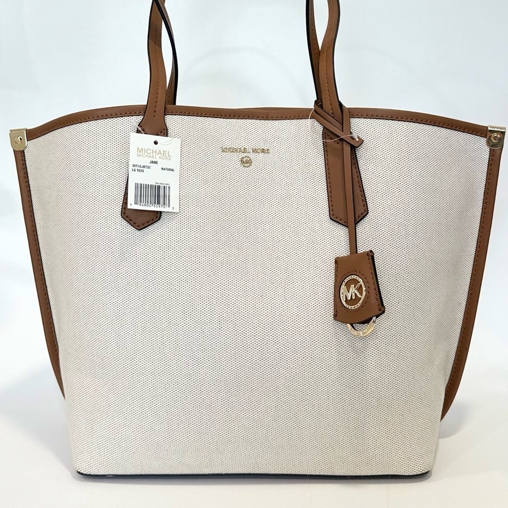 Michael Kors Jane Large Canvas Tote Carryall Bag in Natural - Picture 3 of 13